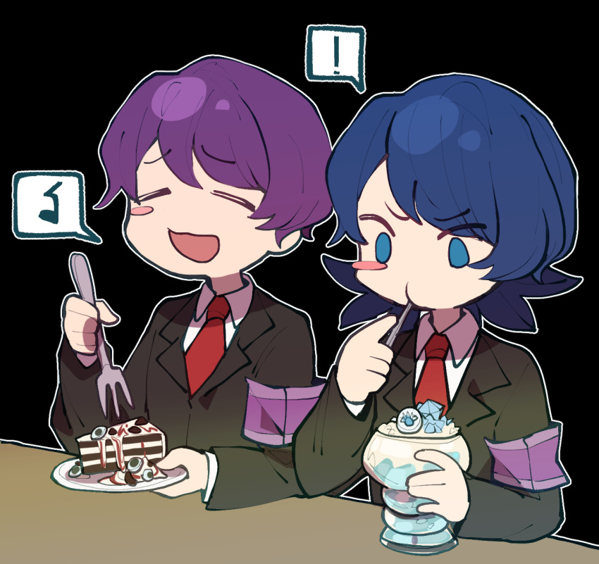! 1boy 1girl armband black_jacket blue_eyes blue_hair blush_stickers cake cake_slice chinese_commentary collared_shirt commentary_request eating employee_(lobotomy_corporation) food fork formal highres holding holding_fork holding_plate jacket lobotomy_corporation long_sleeves musical_note necktie no_nose no_sclera outline plate project_moon purple_armband purple_hair red_necktie shirt short_hair spoken_exclamation_mark spoken_musical_note suit tesna white_outline white_shirt