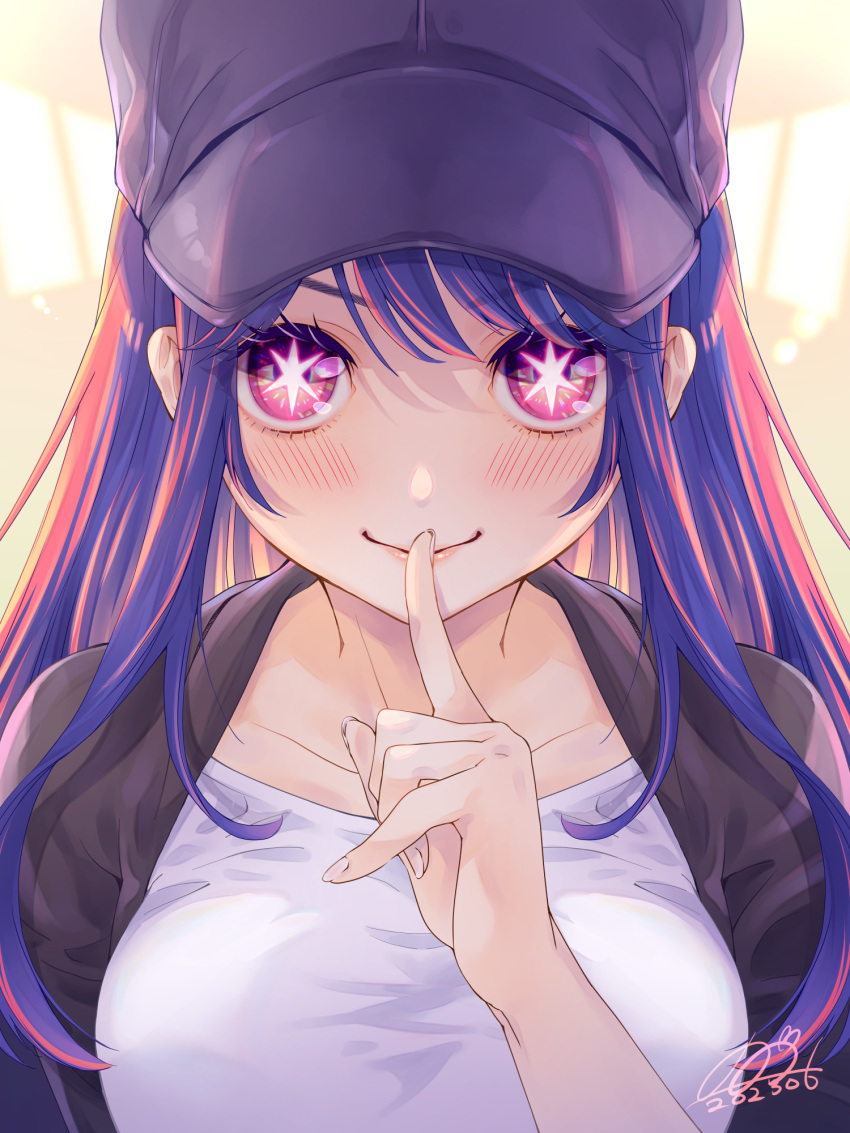 1girl backlighting baseball_cap black_jacket blush breasts closed_mouth collarbone commentary_request dated finger_to_mouth hair_between_eyes hat highres hoshino_ai_(oshi_no_ko) jacket large_breasts long_hair looking_at_viewer multicolored_hair open_clothes open_jacket oshi_no_ko partial_commentary pink_hair purple_hair purple_headwear qoo1234 shadow shirt shushing sidelocks signature smile solo star-shaped_pupils star_(symbol) streaked_hair swept_bangs symbol-shaped_pupils upper_body violet_eyes white_shirt