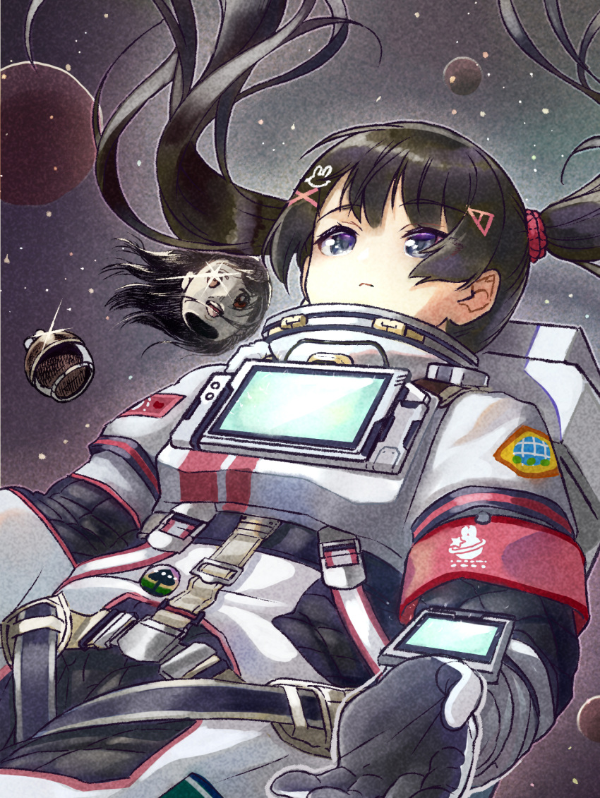 1girl astronaut backpack bag black_hair closed_mouth commentary_request cowboy_shot expressionless floating floating_hair glint hair_ornament hair_scrunchie hairclip harness headwear_removed helmet helmet_removed highres long_hair looking_up mask mask_removed nazono_mito nijisanji oumi_mizu outline pink_armband planet rabbit_hair_ornament screen scrunchie sky solo space space_helmet spacesuit star_(sky) starry_sky tsukino_mito tsukino_mito_(16th_costume) twintails virtual_youtuber x_hair_ornament zero_gravity