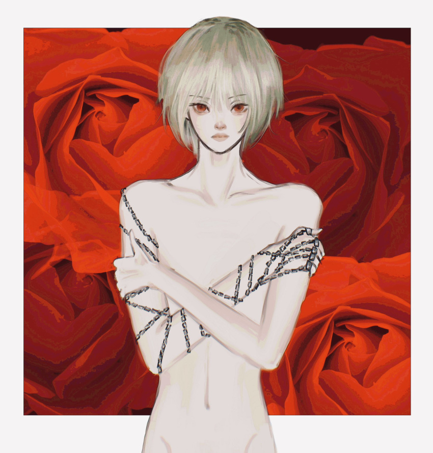 1other androgynous bare_shoulders blonde_hair chain collarbone commentary completely_nude floral_background highres hunter_x_hunter jewelry kurapika looking_at_viewer navel nen_(hunter_x_hunter) nude red_eyes regene_ta ring short_hair solo symbol-only_commentary thumb_ring upper_body