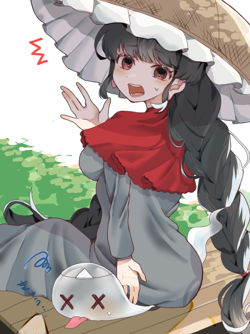1girl ajirogasa black_hair blush braid breasts brown_eyes capelet dress ghost grey_dress harukaze_koyomi hat highres long_earlobes looking_at_viewer looking_back open_mouth red_capelet sitting solo surprised teeth tongue tongue_out touhou twin_braids x_x yatadera_narumi