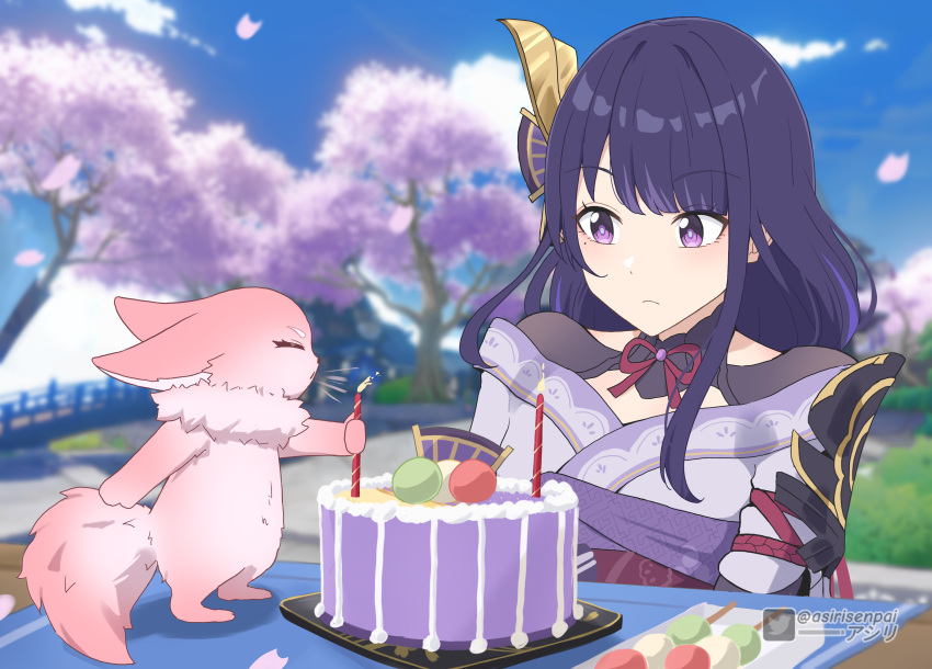 1girl 1other 3d_background absurdres animalization armor asiri_senpai birthday_cake blowing blunt_bangs blurry bow bowtie cake commentary dango depth_of_field english_commentary food fox genshin_impact hair_ornament highres japanese_clothes kimono long_hair long_sleeves looking_at_another low_ponytail mitsudomoe_(shape) obi purple_hair raiden_shogun red_bow red_bowtie sanshoku_dango sash short_kimono shoulder_armor sidelocks size_difference table tomoe_(symbol) violet_eyes wagashi wide_sleeves yae_miko yae_miko_(fox)