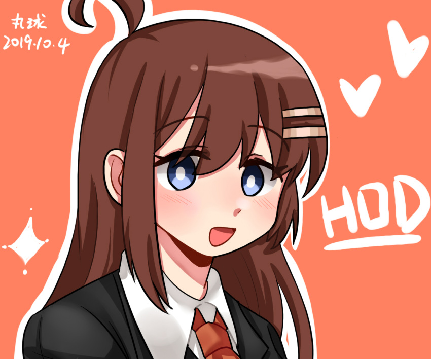 1girl ahoge black_jacket blue_eyes bright_pupils brown_hair character_name chinese_commentary collared_shirt commentary_request hair_ornament hairclip heart hod_(project_moon) jacket lobotomy_corporation maru_(wanqiu) necktie open_mouth orange_background orange_necktie outline portrait project_moon shirt simple_background smile solo translation_request white_outline white_pupils white_shirt