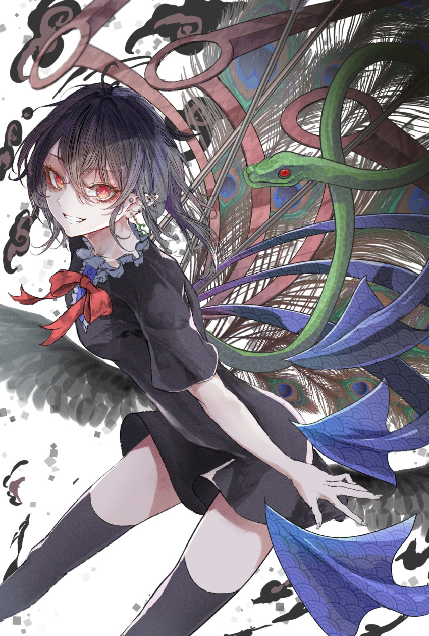1girl asymmetrical_wings black_dress black_hair black_thighhighs blue_wings breasts commentary_request dress eyelashes feet_out_of_frame hair_between_eyes hegata_(hegatia_lapis) highres houjuu_nue long_hair looking_at_viewer pointy_ears red_eyes red_wings simple_background small_breasts snake solo thigh-highs touhou white_background wings