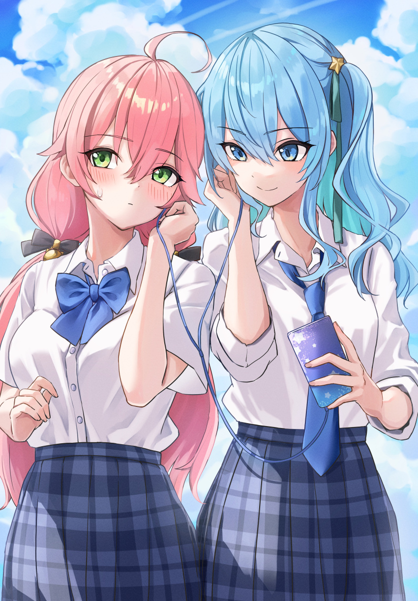2girls absurdres ahoge aqua_ribbon bell black_bow blue_bow blue_bowtie blue_eyes blue_hair blue_necktie blue_skirt blush bow bowtie closed_mouth collared_shirt commentary_request earphones green_eyes hair_bell hair_between_eyes hair_bow hair_ornament hair_ribbon highres holding hololive hoshimachi_suisei jingle_bell listening_to_music long_hair looking_at_viewer low_twintails multiple_girls multiple_hair_bows necktie nisi_ki_no one_side_up pink_hair plaid plaid_skirt pleated_skirt ribbon sakura_miko school_uniform shared_earphones shirt sidelocks skirt twintails virtual_youtuber white_shirt