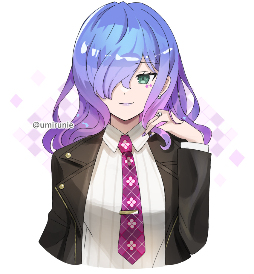 1girl black_jacket blue_hair cerejeira_elron collared_shirt fate/grand_order fate_(series) gradient_hair green_eyes hair_over_one_eye highres jacket jewelry lipstick long_hair looking_at_viewer makeup multicolored_hair nail_polish necktie purple_hair purple_lips purple_nails purple_necktie ring runiie shirt skull_ring smile solo star_(symbol) twitter_username white_shirt