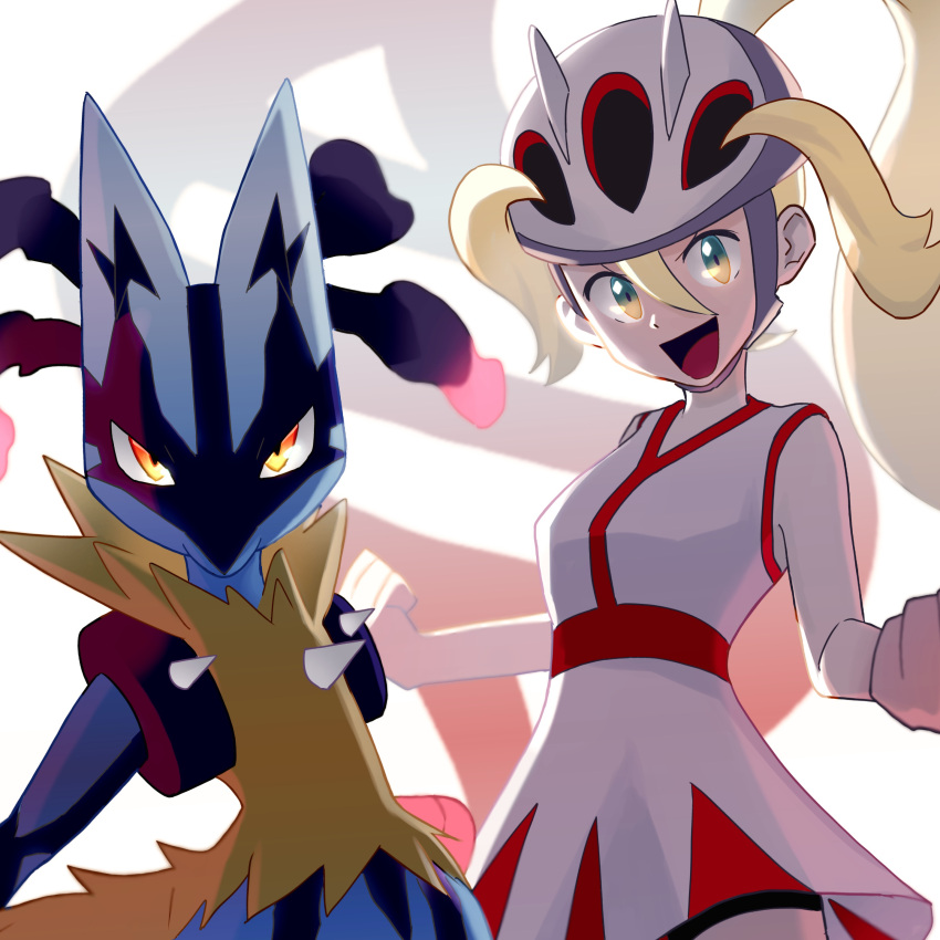 1girl :d absurdres bare_arms blonde_hair clenched_hands commentary_request dress green_eyes hair_between_eyes helmet high_ponytail highres korrina_(pokemon) looking_at_viewer lucario mega_lucario mega_pokemon nobu_(rghw3527) open_mouth pokemon pokemon_(game) pokemon_xy sleeveless sleeveless_dress smile tongue two_side_up white_background white_dress white_headwear
