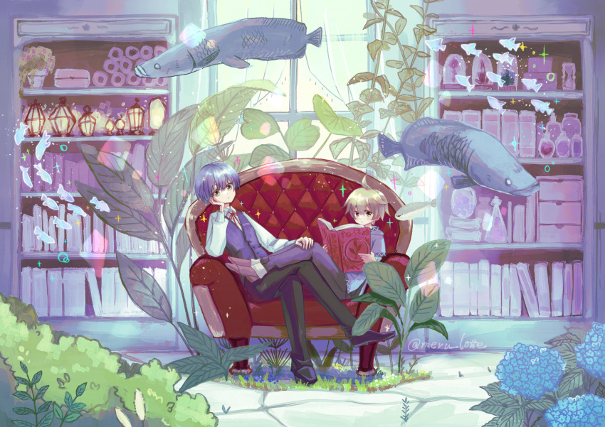 2boys ahoge arapaima black_footwear black_pants blue_flower book bookshelf brown_eyes brown_footwear bush chair closed_mouth collared_shirt couch crossed_legs elbow_rest fish floating flower hand_on_own_cheek hand_on_own_face head_rest highres holding holding_book indoors leaf light_brown_hair long_sleeves looking_at_viewer male_child male_focus meru_lotte multiple_boys neck_ribbon on_chair on_couch open_book original pants plant purple_hair purple_vest reading red_ribbon ribbon sacabambaspis shirt shoes sitting sparkle twitter_username vest watermark white_shirt window