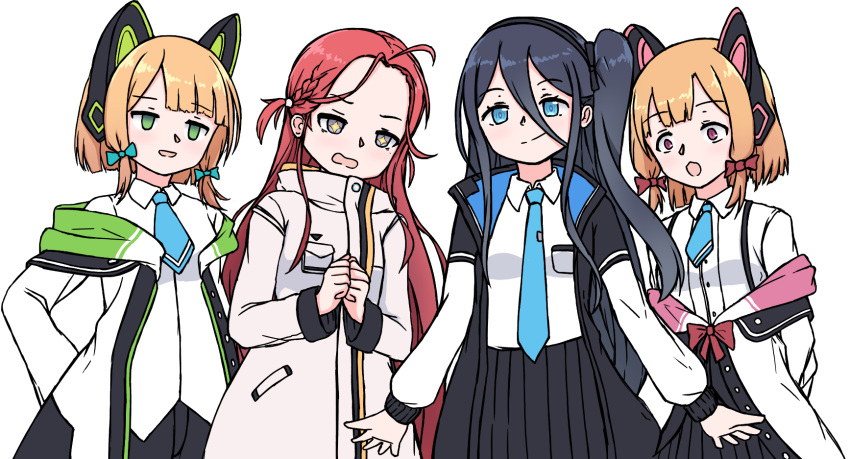 +_+ 4girls :3 :d animal_ear_headphones animal_ears aris_(blue_archive) black_hair black_hairband black_skirt blonde_hair blue_archive blue_bow blue_eyes blue_necktie bow cat_ear_headphones commentary english_commentary fake_animal_ears forehead game_development_department_(blue_archive) green_eyes hair_between_eyes hair_bow hairband headphones heads-up_display highres jacket jitome long_hair long_sleeves looking_at_another looking_at_viewer low_tied_sidelocks midori_(blue_archive) momoi_(blue_archive) multiple_girls necktie open_clothes open_jacket own_hands_together pink_bow pleated_skirt redhead ringed_eyes siblings sisters skirt sleeves_past_fingers sleeves_past_wrists smile smug standing template thigh-highs upper_body very_long_hair white_background xandier59 yuzu_(blue_archive)