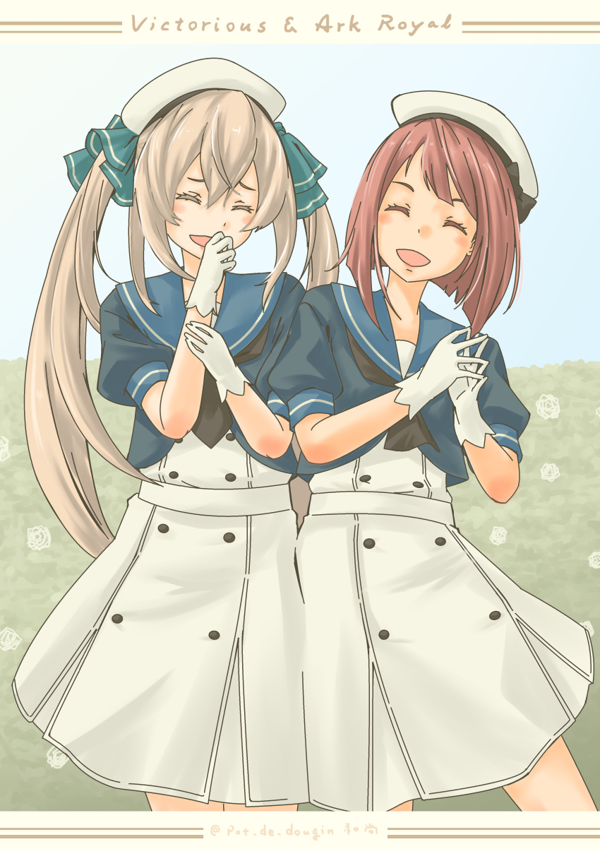 2girls absurdres aged_down alternate_hairstyle ark_royal_(kancolle) black_neckerchief blonde_hair blue_sailor_collar bob_cut character_name cosplay dress feet_out_of_frame gloves hat highres inverted_bob jervis_(kancolle) jervis_(kancolle)_(cosplay) kantai_collection long_hair multiple_girls neckerchief pot-de redhead sailor_collar sailor_dress sailor_hat short_hair twintails victorious_(kancolle) white_dress white_gloves white_headwear