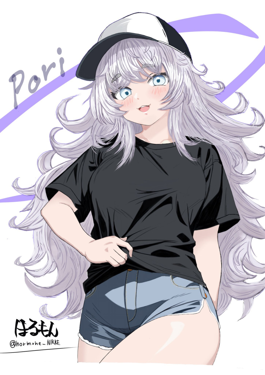 1girl black_shirt blue_eyes blush casual character_name denim denim_shorts goddess_of_victory:_nikke hat highres hormone_nikke long_hair open_mouth poli_(nikke) shirt shirt_tug short_shorts shorts sidelocks smile solo twitter_username very_long_hair wavy_hair white_hair