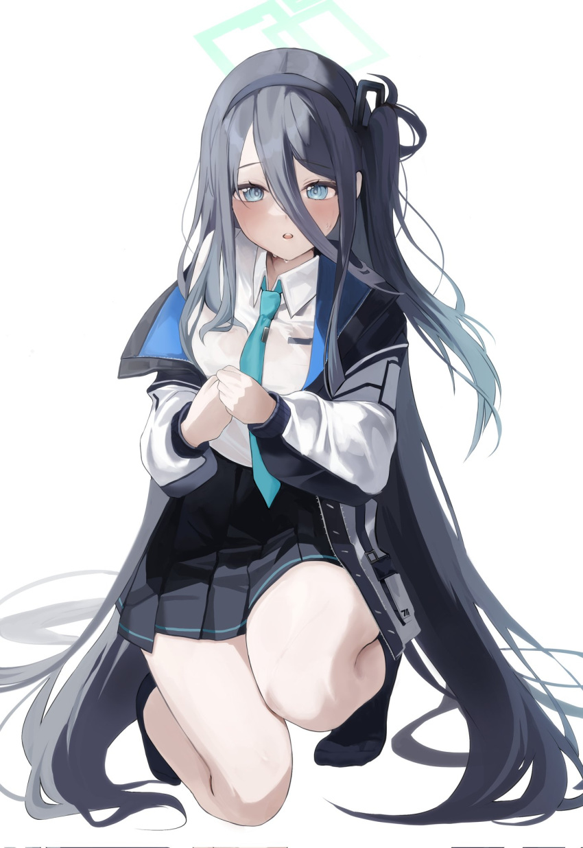 1girl aqua_necktie aris_(blue_archive) black_hair black_skirt black_socks blue_archive blue_eyes blush commentary dot_nose hair_spread_out halo highres jacket long_bangs long_hair looking_at_viewer necktie no_shoes o_cha_(seyc3447) off_shoulder on_one_knee one_side_up open_clothes open_jacket parted_lips pleated_skirt school_uniform sidelocks simple_background skirt socks solo squatting sweat tie_clip very_long_hair white_background