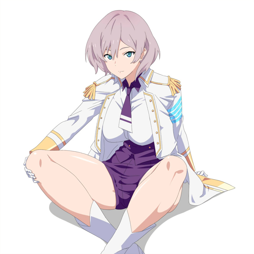 1girl arm_support blue_eyes breasts collar corset epaulettes gloves grey_hair gridman_universe highres jacket large_breasts looking_at_viewer military_jacket mujina necktie purple_collar purple_corset purple_necktie purple_shorts short_hair short_necktie shorts simple_background sitting solo ssss.dynazenon thighs underbust white_background white_gloves white_jacket yoshida_keiji