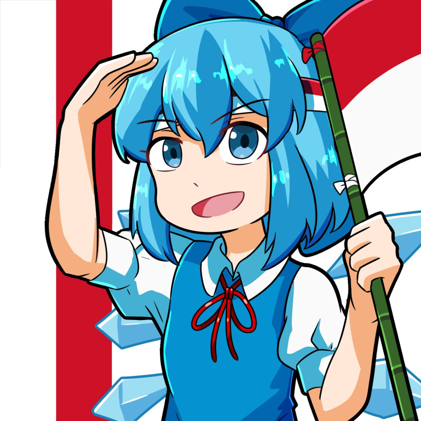 1girl :d arm_up bamboo blue_eyes blue_hair bow cirno commentary dress english_commentary flag flag_print hair_bow hand_up headband highres holding holding_flag ice ice_wings indonesian_flag looking_at_viewer neck_ribbon open_mouth puffy_short_sleeves puffy_sleeves red_headband red_ribbon ribbon salute short_hair short_sleeves smile solo touhou upper_body white_headband wing_collar wings xen0moonz