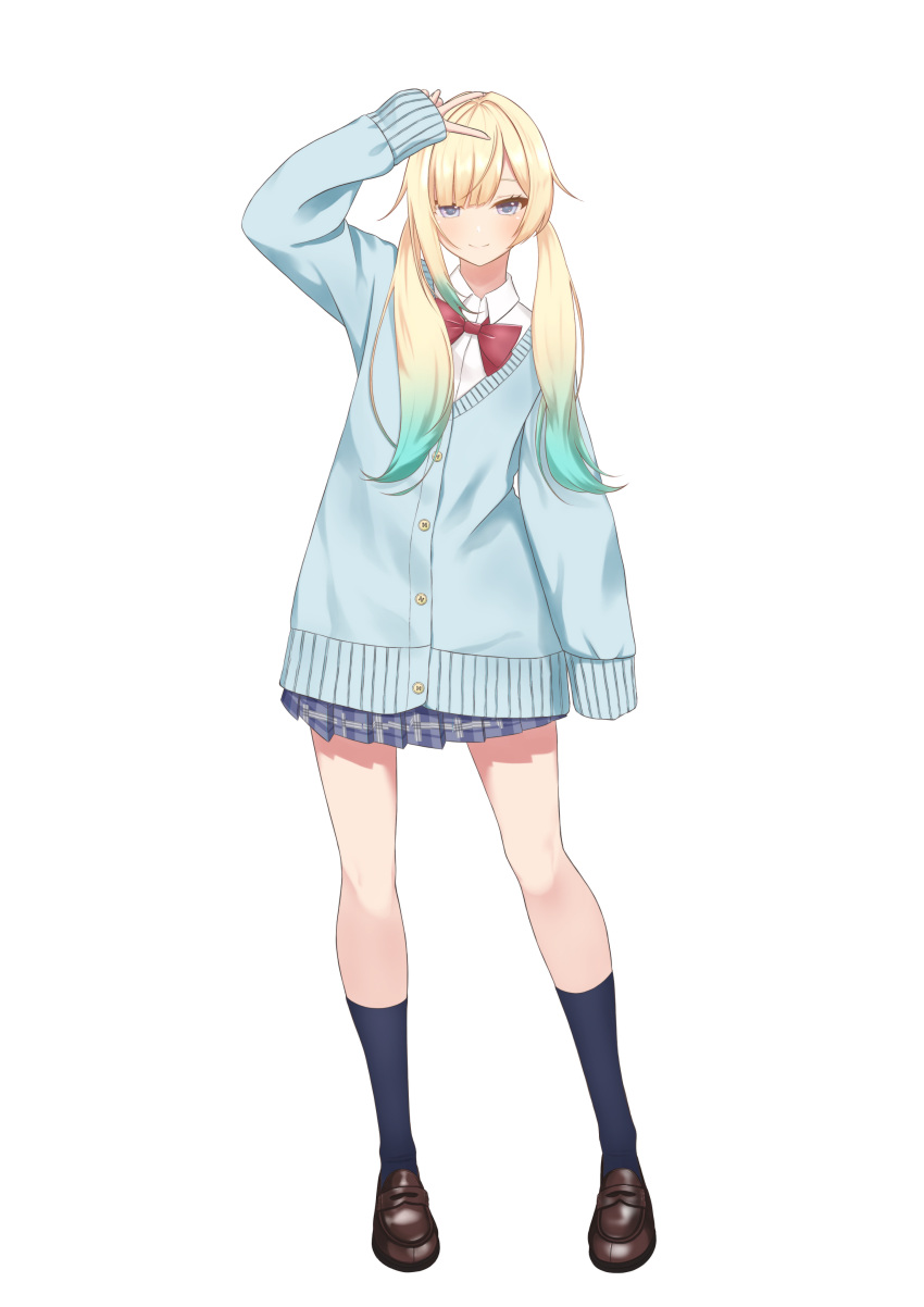 1girl absurdres aizawa_ema alternate_costume black_socks blonde_hair blue_cardigan blue_eyes blue_hair blunt_bangs bow bowtie brown_footwear cardigan collared_shirt contrapposto dress_shirt full_body gradient_hair grey_skirt highres kneehighs loafers long_hair long_sleeves looking_at_viewer miniskirt multicolored_hair nouto pleated_skirt red_bow red_bowtie school_uniform shirt shoes simple_background skirt sleeves_past_wrists smile socks solo v virtual_youtuber vspo! white_background white_shirt wing_collar
