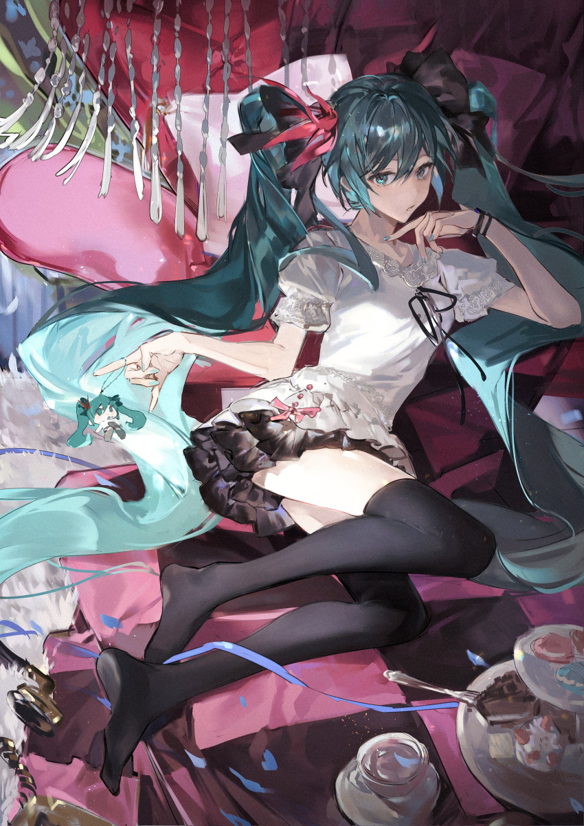 1girl absurdres aqua_eyes aqua_hair aqua_nails asymmetrical_hair black_skirt black_thighhighs blouse cake character_doll chibi chocolate_cake cookie cup food frilled_shirt frills fur_rug hair_ribbon hatsune_miku highres long_hair looking_at_viewer lying macaron miniskirt on_bed on_side pastry pillow plate ribbon shirt short_sleeves skirt solo supreme_(module) teacup thigh-highs throne tian_(my_dear) tiered_tray twintails very_long_hair vocaloid world_is_mine_(vocaloid) zettai_ryouiki