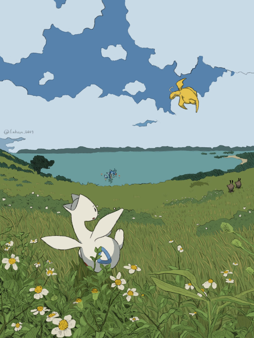 clouds day dragonite field flower flying grass gyarados highres kahan_0004 no_humans open_mouth outdoors pokemon pokemon_(creature) sentret sky togetic water white_flower