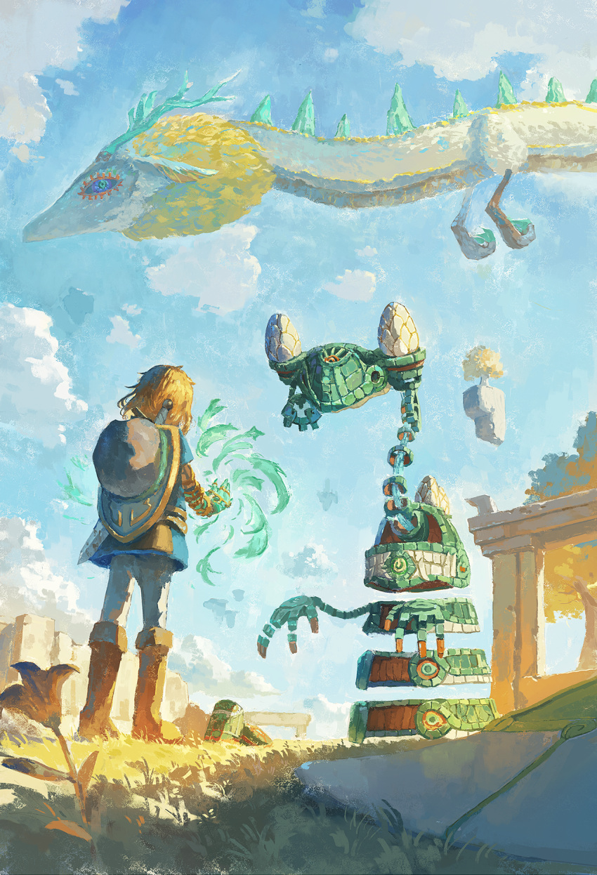 1boy blonde_hair blue_eyes blue_tunic boots brown_footwear clouds commentary_request day dragon eastern_dragon fjsmu floating_island fuse_(zelda) grass highres light_dragon_(zelda) link looking_at_another medium_hair outdoors pants rock shield sky steward_construct sundelion sword the_legend_of_zelda the_legend_of_zelda:_tears_of_the_kingdom weapon white_pants