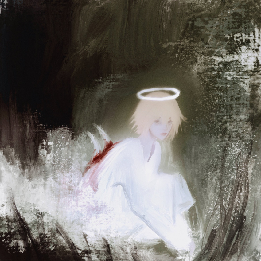 1other androgynous angel blonde_hair blood blood_on_clothes fallen_angel halo highres hunter_x_hunter kurapika long_sleeves looking_at_viewer red_eyes regene_ta robe short_hair solo torn_wings white_robe wings