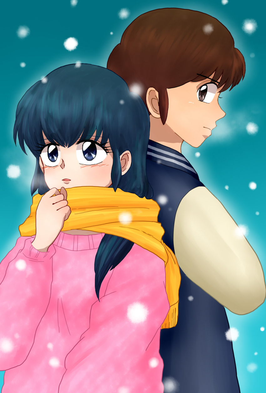 1boy 1girl 2014 back-to-back blue_background blue_eyes blue_hair brown_eyes brown_hair clenched_hand commentary commentary_request godai_yuusaku highres jacket leather leather_jacket long_hair looking_at_another looking_to_the_side looking_up maison_ikkoku orange_scarf otonashi_kyouko pink_sweater sagoyuma scarf short_hair simple_background snowing sweater visible_air
