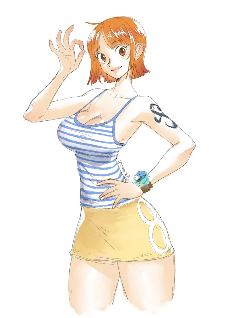big_breasts brown_eyes cleavage clothed color female hi_res high_resolution highres looking_at_viewer louten nami one_piece orange_eyes orange_hair short_skirt sketch skirt standing tattoo