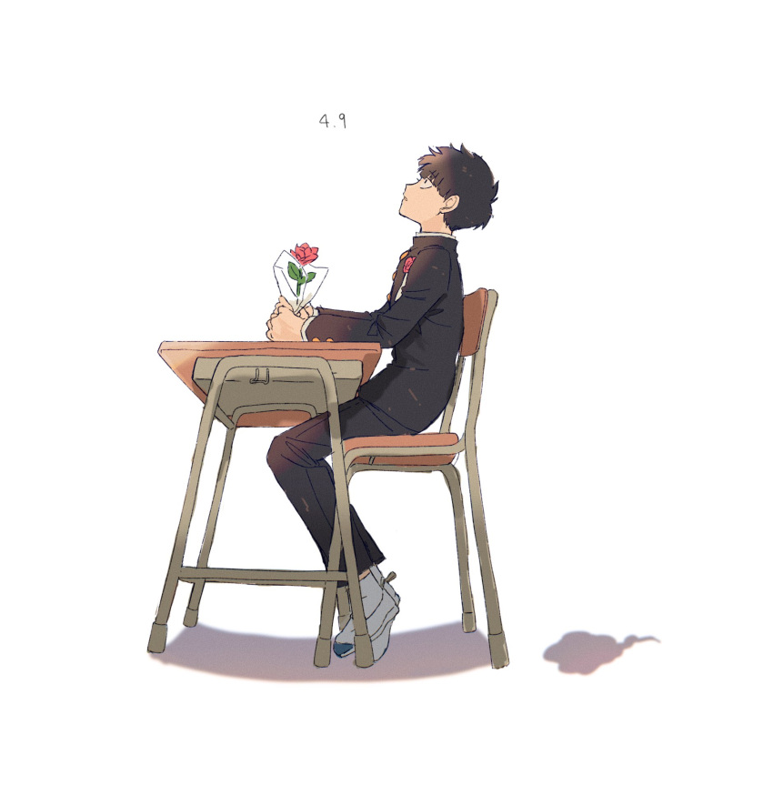 1boy black_hair black_pants chair dated desk ekubo_(mob_psycho_100) flower from_side full_body gakuran highres holding holding_flower kageyama_shigeo long_sleeves looking_up male_focus mob_psycho_100 pants profile school_chair school_desk school_uniform shadow shoes short_hair simple_background sitting socks uwabaki white_background white_socks wrapper xxx478xxx