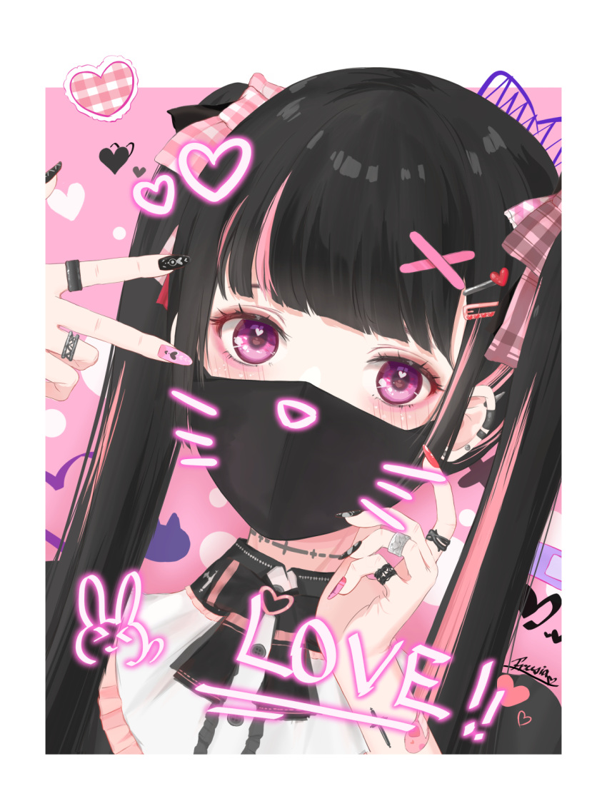 1girl black_hair black_mask black_nails blunt_bangs border collared_dress commentary_request dress earclip earrings english_text freesia_(yueyueycw1) frilled_dress frills hair_ornament hairclip heart heart_in_eye highres jewelry jirai_kei long_hair looking_at_viewer mask mouth_mask multicolored_hair multicolored_nails multiple_rings nail_polish original pink_background pink_hair pink_nails portrait ring sidelocks signature solo streaked_hair stud_earrings symbol_in_eye two_side_up v violet_eyes white_border yami_kawaii