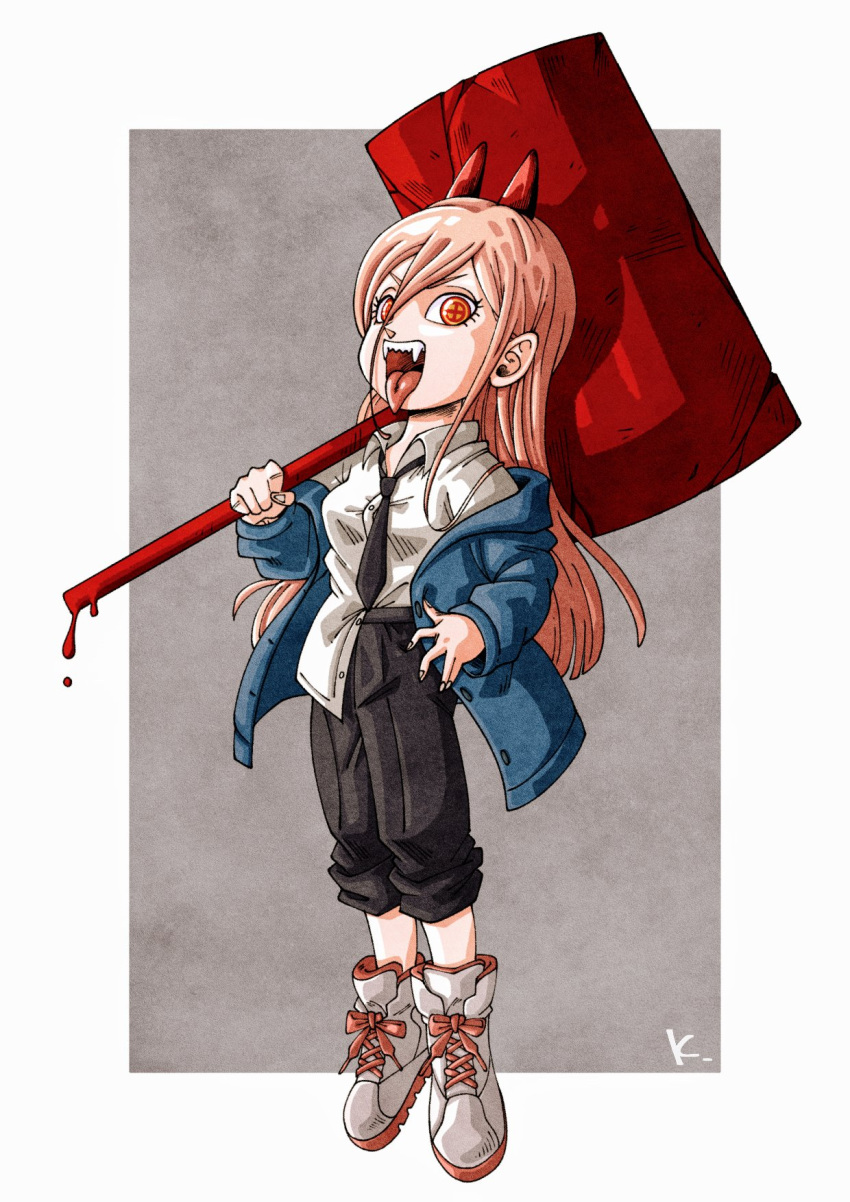 1girl black_necktie black_pants blue_jacket chainsaw_man hammer highres holding holding_hammer holding_weapon horns jacket kakeru_(dbskakeru) long_hair looking_at_viewer necktie open_clothes open_jacket open_mouth pants pink_hair power_(chainsaw_man) sharp_teeth shirt shoes simple_background solo symbol-shaped_pupils teeth tongue tongue_out toriyama_akira_(style) upper_teeth_only weapon white_footwear white_shirt