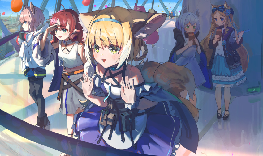 6+girls absurdres ahoge animal_ears arknights balloon bare_shoulders beagle_(arknights) black_footwear black_pantyhose blonde_hair blue_bow blue_eyes blue_flower blue_hair blue_hairband blush bow braided_hair_rings cat_ears cat_girl chinese_commentary closed_mouth coat commentary crepe cup demon_girl demon_horns dog_ears dog_girl double-parted_bangs dress drinking drinking_straw eating fang_(arknights) flower food fox_ears fox_girl fox_tail frilled_dress frilled_sleeves frills green_eyes hair_between_eyes hair_bow hair_flower hair_ornament hairband highres holding holding_cup holding_food hooded_coat horns horse_ears horse_girl ifrit_(arknights) indoors infection_monitor_(arknights) iris_(arknights) kitsune kroos_(arknights) kyuubi lab_coat light_brown_hair long_hair maple_(luoty111) multicolored_hair multiple_girls multiple_tails myrtle_(arknights) off-shoulder_dress off_shoulder pantyhose pink_hair purple_dress purple_hair rabbit_ears rabbit_girl redhead rosmontis_(arknights) shamare_(arknights) short_hair sleeveless sleeveless_dress sussurro_(arknights) suzuran_(arknights) tail two-tone_hair very_long_hair white_coat white_dress white_hair