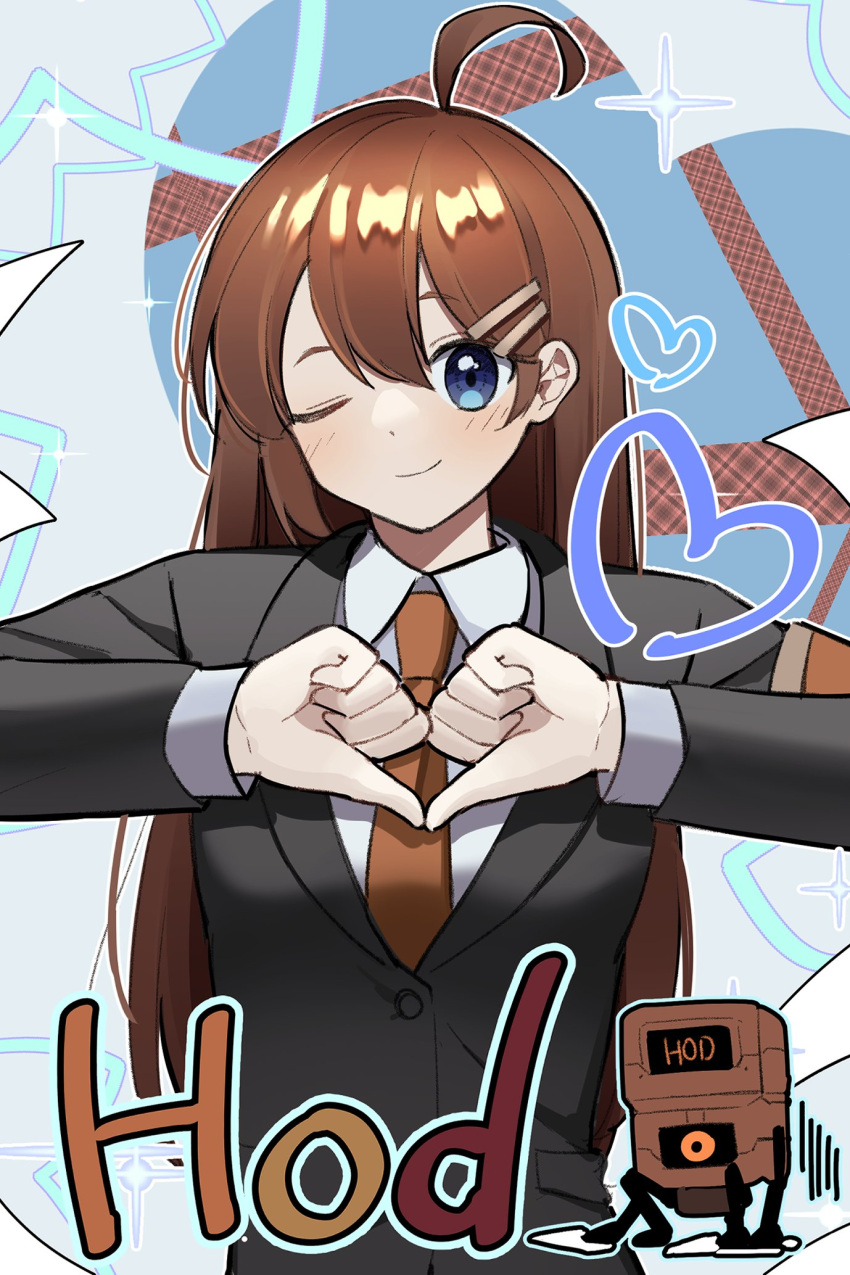 1girl ahoge black_jacket blue_eyes blush brown_hair brown_necktie character_name closed_mouth collared_shirt hair_ornament hairclip heart heart_hands highres hod_(project_moon) jacket lobotomy_corporation long_hair long_sleeves necktie one_eye_closed ppanglatte project_moon shirt smile solo white_shirt wing_collar