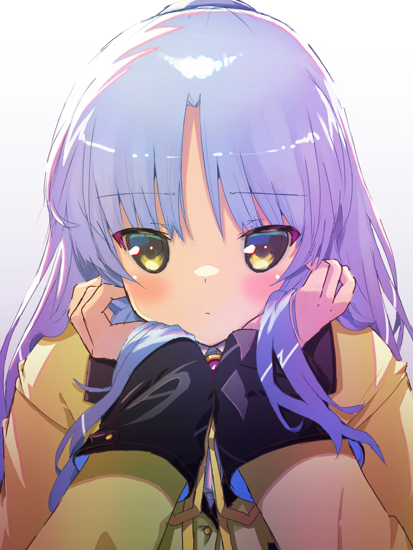 1girl akayama_yukihe angel_beats! blush closed_mouth commentary expressionless eyelashes eyes_visible_through_hair hair_between_eyes hair_spread_out hands_on_own_cheeks hands_on_own_face highres jacket long_hair long_sleeves looking_at_viewer parted_bangs ribbon school_uniform simple_background solo straight-on straight_hair tachibana_kanade upper_body very_long_hair white_background white_hair yellow_eyes yellow_jacket yellow_ribbon