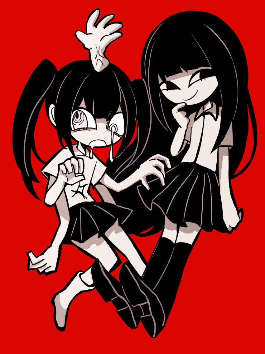 2girls arm_at_side asymmetrical_eyes black_eyes black_footwear black_hair black_skirt blunt_bangs claw_pose closed_mouth collared_shirt double-parted_bangs empty_eyes extra_arms finger_to_mouth floating full_body greyscale_with_colored_background hand_up hands_up hatosabure highres kneehighs leaning_back long_hair looking_to_the_side monoe monoko multiple_girls no_nose open_mouth pale_skin pleated_skirt red_background ringed_eyes saliva shirt shoes short_sleeves sidelocks simple_background skirt smug socks tears twintails very_long_hair white_eyes white_shirt white_socks yume_nikki
