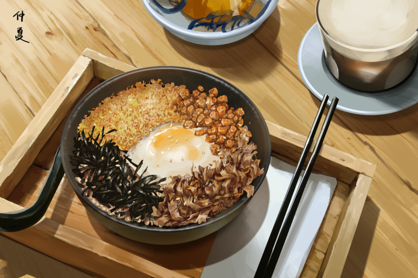 bowl chopsticks egg_(food) food food_focus highres lefty_lai meat napkin no_humans original plate shadow still_life teapot wood