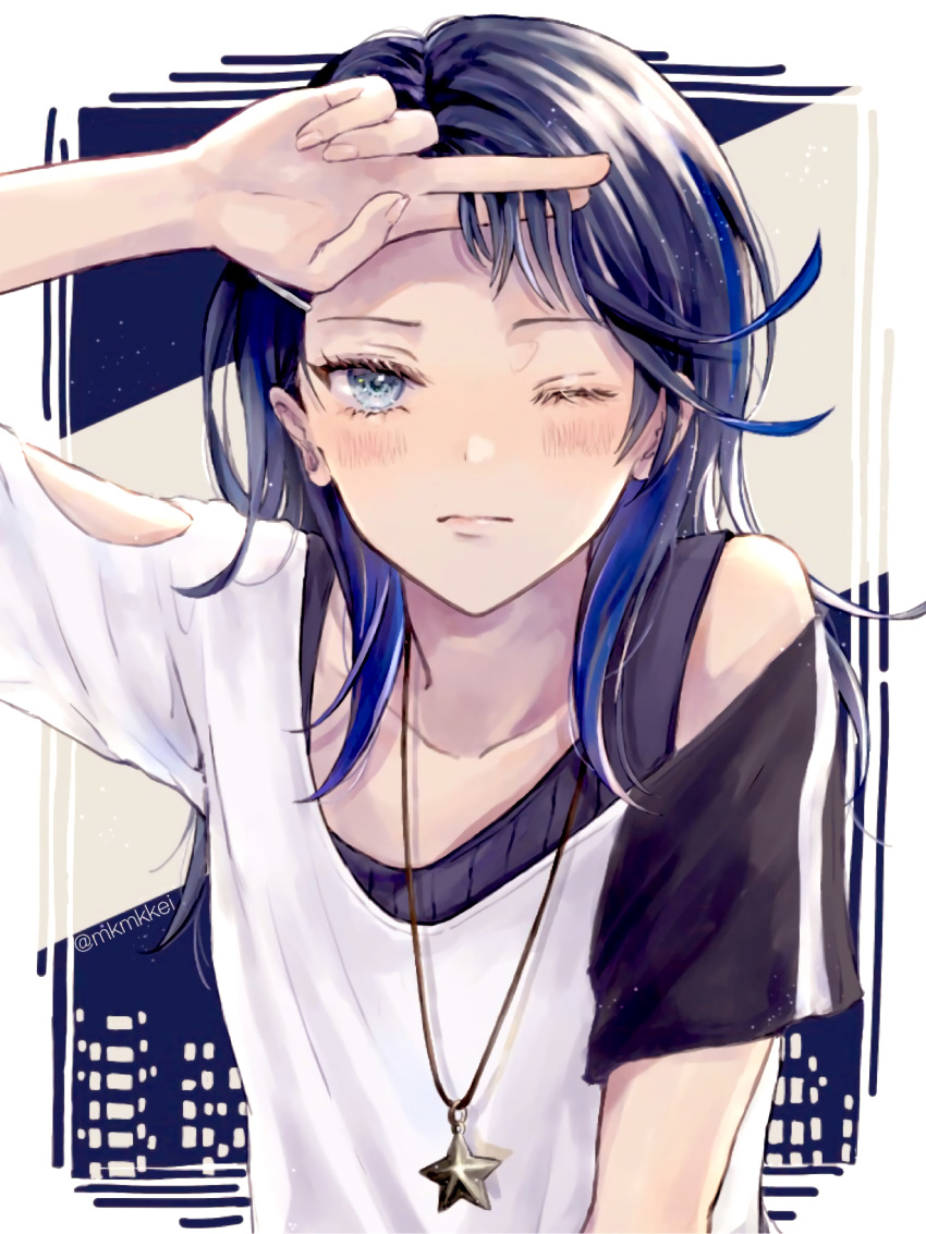 1girl absurdres black_hair blue_hair blue_sky blush closed_mouth commentary_request fingernails highres hoshino_ichika_(project_sekai) jewelry mikeimikei multicolored_hair necklace one_eye_closed project_sekai short_sleeves sky solo star_(symbol) star_necklace streaked_hair two-tone_hair upper_body