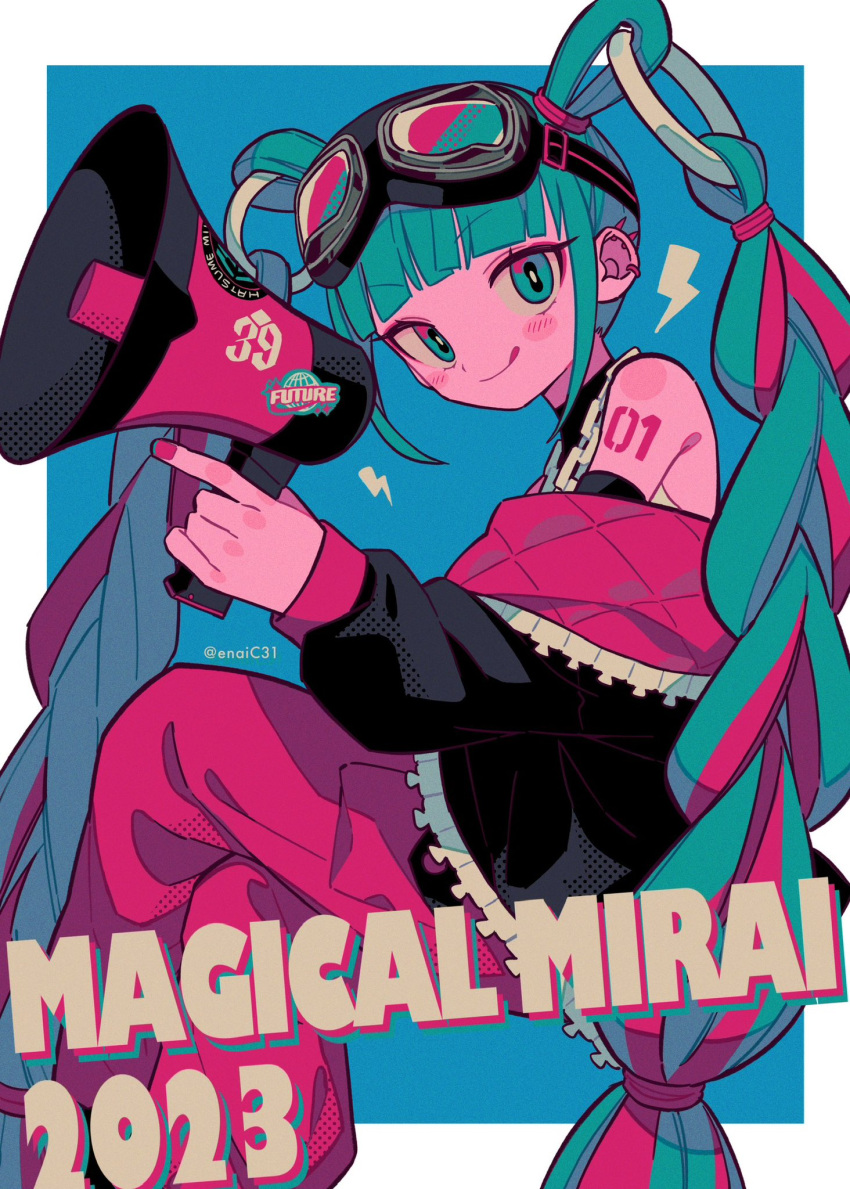 1girl 39 :q aqua_eyes aqua_hair artist_name bare_shoulders black_jacket blue_background blunt_bangs border chain chain_necklace closed_mouth commentary detached_hair down_jacket ear_piercing film_grain goggles goggles_on_head hatsune_miku highres holding holding_megaphone invisible_chair jacket jewelry lightning_bolt_symbol limited_palette long_hair long_sleeves looking_at_viewer magical_mirai_(vocaloid) magical_mirai_miku magical_mirai_miku_(2023) megaphone menma_(enaic31) multicolored_eyes necklace number_tattoo off_shoulder outside_border pants piercing pink_eyes pink_hair pink_nails pink_pants ring_hair_ornament shoulder_tattoo simple_background sitting smile solo spiked_ear_piercing sticker symbol-only_commentary tattoo tongue tongue_out turtleneck twintails twitter_username two-sided_fabric two-sided_jacket two-tone_eyes vocaloid white_border