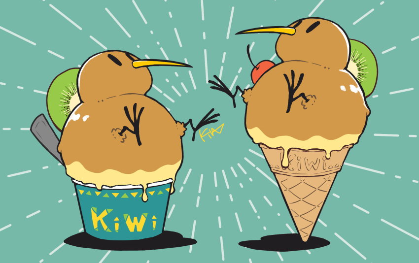 animal_focus bird cherry food food_focus foodification fruit green_background highres ice_cream ice_cream_cone kino_isobe kiwi_(bird) kiwi_(fruit) kiwi_slice melting no_humans original simple_background southern_brown_kiwi spoon