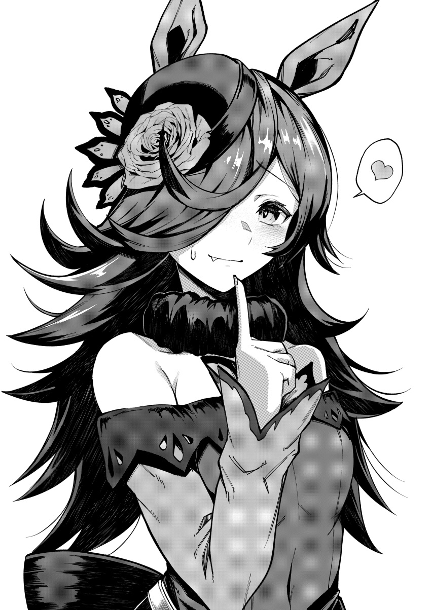 1girl absurdres animal_ears bare_shoulders blush breasts closed_mouth commentary_request dress fang fang_out flower greyscale hair_over_one_eye hand_up hat hat_flower heart highres horse_ears index_finger_raised long_sleeves looking_at_viewer monochrome off-shoulder_dress off_shoulder raised_eyebrows reon_(dainagon_azuki) rice_shower_(umamusume) sleeves_past_wrists small_breasts solo spoken_heart sweatdrop umamusume upper_body