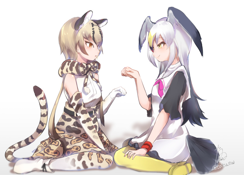 2girls animal_ears animal_print bare_shoulders bird_girl bird_tail bird_wings black-tailed_gull_(kemono_friends) black_hair blonde_hair bow bowtie brown_hair closed_mouth colored_inner_hair dress elbow_gloves extra_ears face-to-face from_side gloves hand_rest hand_up head_wings high-waist_skirt kemono_friends long_hair looking_at_another multicolored_hair multiple_girls ocelot_(kemono_friends) ocelot_print pantyhose parted_lips paw_pose print_bow print_bowtie print_gloves print_pantyhose print_skirt sailor_collar shirt shoes short_dress short_sleeves simple_background sitting skirt sleeveless sleeveless_shirt smile tail tail_through_clothes tatsuno_newo twintails very_long_hair wariza white_background white_hair white_shirt wings yellow_eyes