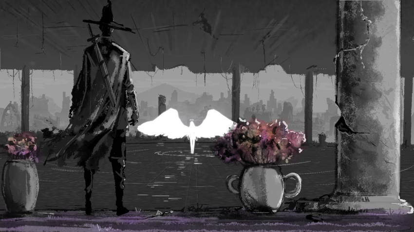 angel cape flower from_behind highres indoors original partially_colored pillar popopoka ripples ruins spread_wings standing standing_on_liquid torn_cape torn_clothes vase weapon weapon_on_back wide_shot