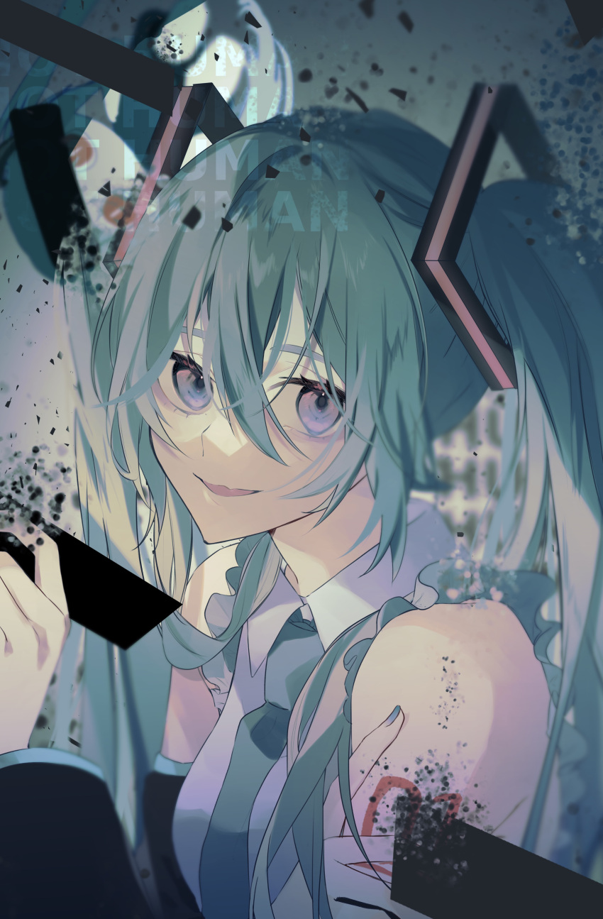 1girl :d absurdres aimaina bare_shoulders black_sleeves blue_eyes blue_hair blue_necktie collared_shirt detached_sleeves english_text frilled_shirt frills from_side hair_between_eyes hair_ornament hand_on_own_arm hatsune_miku highres long_hair long_sleeves looking_at_viewer necktie number_tattoo open_mouth shirt sidelocks sleeveless sleeveless_shirt smile solo tattoo tokumei_m_(vocaloid) twintails un_known9999 upper_body vocaloid white_shirt