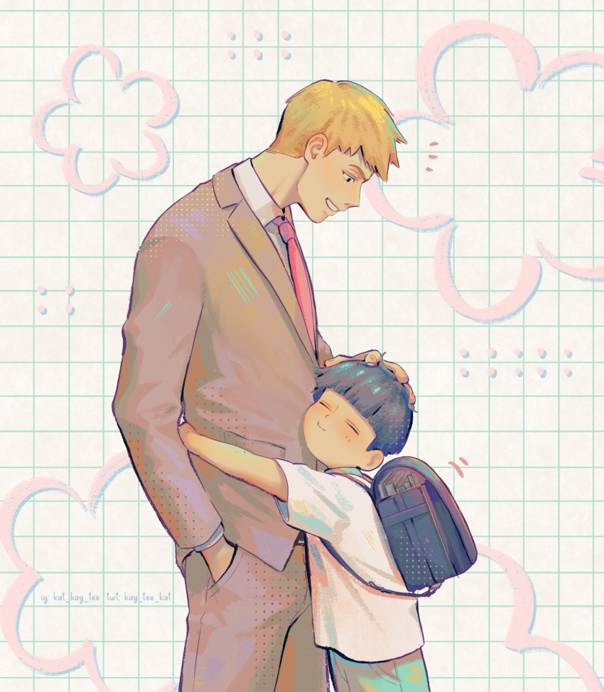 2boys affectionate aged_down backpack bag black_hair blonde_hair blunt_bangs blush bowl_cut child closed_eyes collared_shirt commentary cowboy_shot english_commentary formal from_side grey_jacket grey_pants hand_in_pocket hand_on_another's_head happy headpat highres hug jacket kageyama_shigeo kay_tee_kat kindergarten_uniform long_sleeves looking_at_another looking_down male_focus mob_psycho_100 multiple_boys necktie pants pink_necktie randoseru reigen_arataka shirt short_hair smile suit white_background white_shirt