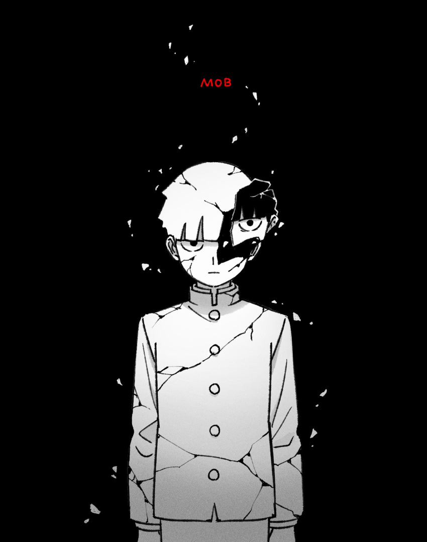 1boy :| arms_at_sides bowl_cut character_name closed_mouth cracked_skin eduroku expressionless gakuran greyscale highres hollow_body kageyama_shigeo light_particles long_sleeves looking_at_viewer male_focus mob_psycho_100 monochrome school_uniform short_hair simple_background solo spot_color straight-on upper_body
