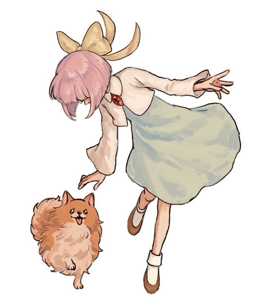 1girl blue_dress bob_cut bow brown_footwear brown_fur cropped_jacket dog dress full_body ghost_trick hair_bow highres jacket kanon_(ghost_trick) light_purple_hair long_sleeves looking_at_animal missile_(ghost_trick) pomeranian pomeranian_(dog) renshu_usodayo shoes simple_background socks solo two-tone_fur white_background white_jacket white_socks yellow_bow