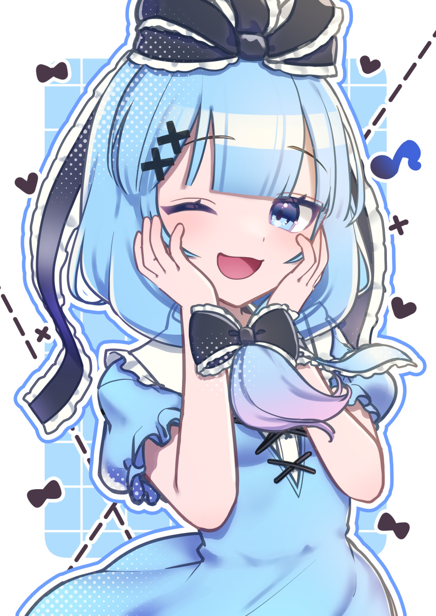 1girl absurdres alternate_color black_bow black_ribbon blue_dress blue_eyes blue_hair bow dress frilled_bow frilled_ribbon frilled_sleeves frills front_ponytail hair_bow hair_ribbon hands_on_own_face heart highres kagiyama_hina long_hair looking_at_viewer one_eye_closed open_mouth pudding_modoki ribbon short_sleeves smile solo touhou upper_body