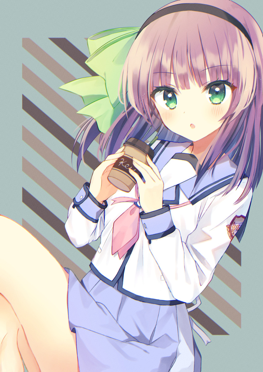 1girl :o absurdres aiyan angel_beats! black_hairband blue_sailor_collar blue_skirt blunt_bangs blush bow commentary_request company_name crossed_legs cup drinking_straw dutch_angle eyelashes eyes_visible_through_hair fingernails floating_hair green_background green_bow green_eyes hair_bow hair_over_shoulder hairband hands_up head_tilt highres holding holding_cup leaning_back long_hair long_sleeves looking_at_viewer miniskirt nakamura_yuri neckerchief open_mouth pink_neckerchief pleated_skirt sailor_collar school_uniform serafuku shinda_sekai_sensen_uniform shirt simple_background sitting skirt solo violet_eyes white_shirt