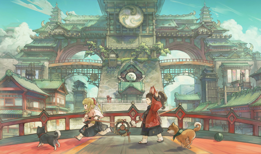 2girls animal_ear_headwear animal_ears architecture arm_up black_hair black_hakama black_scarf blonde_hair blue_sky blunt_bangs braid braided_ponytail bridge building cityscape closed_eyes clouds day drill_hair drill_sidelocks east_asian_architecture fake_animal_ears final_fantasy final_fantasy_xiv food from_side fruit gate hair_ribbon hakama hakama_skirt highres holding holding_staff japanese_clothes kimono lalafell looking_ahead medium_hair mitsudomoe_(shape) moonlouts multiple_girls open_mouth outdoors outstretched_arm pink_kimono pointy_ears ponytail profile ribbon running scarf scenery seigaiha shiba_inu sidelocks skirt sky smile socks staff tomoe_(symbol) tree twin_drills warrior_of_light_(ff14) watermelon white_socks wide_shot