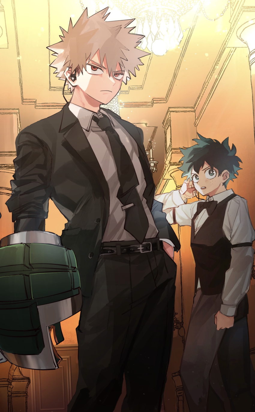 2boys absurdres alternate_costume alternate_hair_color apron arm_at_side bakugou_katsuki belt belt_buckle black_belt black_bow black_jacket black_necktie black_pants black_suit black_vest boku_no_hero_academia bow bright_pupils brown_apron brown_hair buckle buttons chandelier clenched_hand closed_mouth collared_shirt cowboy_shot diffraction_spikes dress_shirt earphones freckles frown gloves green_eyes green_gloves green_hair hair_between_eyes hand_in_pocket hand_on_own_ear hand_up highres indoors jacket light long_sleeves looking_to_the_side male_focus midoriya_izuku mimisu multiple_boys necktie open_clothes open_jacket open_mouth orange_gloves pants pillar pocket red_eyes sanpaku scar scar_on_hand shirt short_hair sideways_glance single_glove sleeve_garter sleeves_pushed_up spiky_hair suit teeth tie_clip two-tone_gloves upper_teeth_only v-shaped_eyebrows vest waist_apron waiter white_pupils white_shirt wing_collar