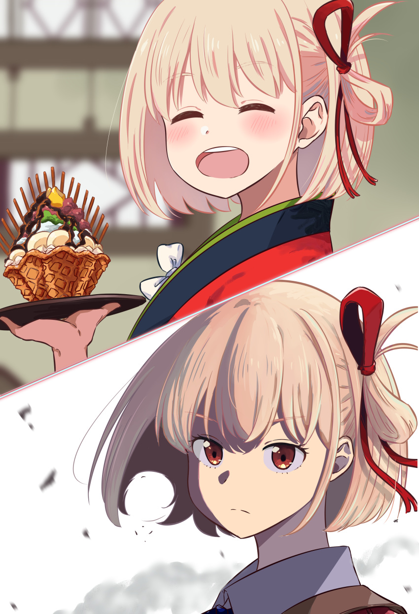 1girl absurdres blonde_hair blush bow chai_haru closed_eyes closed_mouth collared_shirt commentary_request food hair_between_eyes hair_ribbon highres ice_cream japanese_clothes kimono looking_at_viewer lycoris_recoil motion_blur multiple_views nishikigi_chisato one_side_up open_mouth red_eyes red_kimono red_ribbon ribbon shadow shirt short_hair sidelocks smile solo strap upper_body white_background white_bow