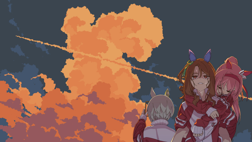 3girls animal_ears arms_around_neck boko_(maniacpurple) bow brown_hair carrying cellphone cloud_focus clouds cloudy_sky commentary contrail day drooling ear_covers exhausted frown green_bow grey_hair hair_bow hand_up haru_urara_(umamusume) headband high_collar highres holding holding_phone horse_ears horse_girl jacket king_halo_(umamusume) long_hair long_sleeves looking_ahead multicolored_clothes multicolored_jacket multiple_girls one_side_up orange_clouds outdoors parted_lips phone piggyback pink_hair ponytail popped_collar red_eyes red_headband red_jacket seiun_sky_(umamusume) shaded_face short_hair single_ear_cover sky sleeping sleeping_on_person smartphone summer sweat taking_picture tracen_training_uniform track_jacket two-tone_jacket umamusume upper_body wavy_hair white_bow white_jacket