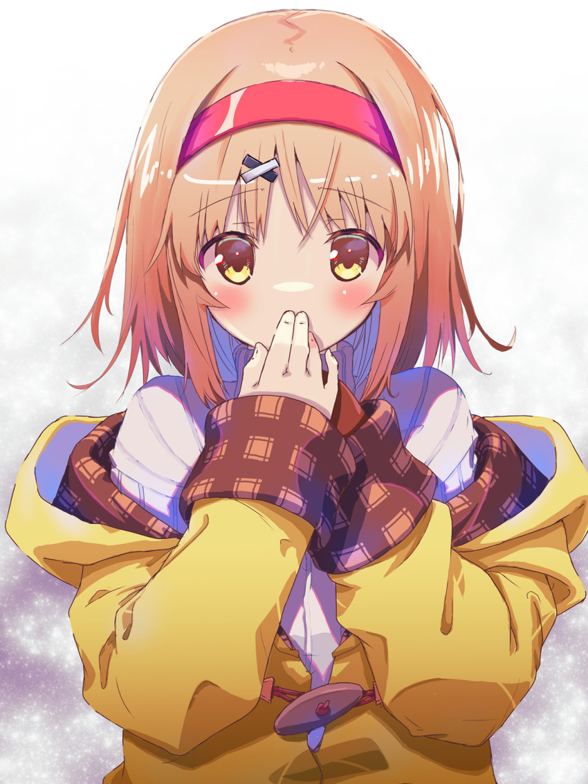 1girl akayama_yukihe blush brown_hair coat commentary covering_mouth eyelashes eyes_visible_through_hair hair_between_eyes hair_ornament hairband hands_up highres kanon looking_at_viewer medium_hair off_shoulder open_clothes open_coat own_hands_together red_hairband shirt shy simple_background sleeves_past_wrists solo straight-on tsukimiya_ayu upper_body white_background white_shirt x_hair_ornament yellow_coat